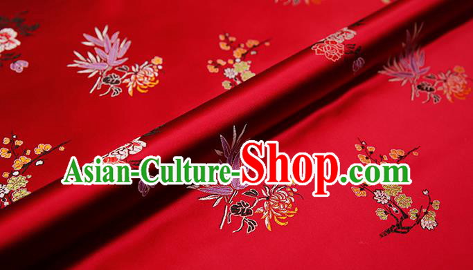 Asian Chinese Red Brocade Fabric Traditional Plum Blossom Orchid Bamboo Chrysanthemum Pattern Design Satin Pillow Silk Fabric Material