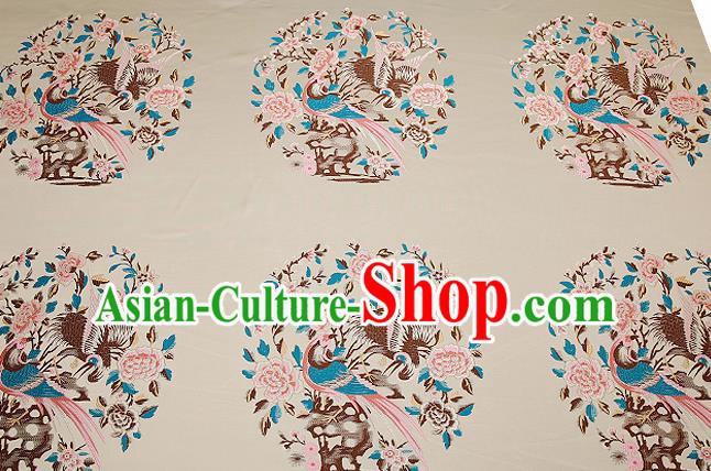 Chinese Traditional Beige Brocade Fabric Asian Birds Peony Pattern Design Satin Cushion Silk Fabric Material