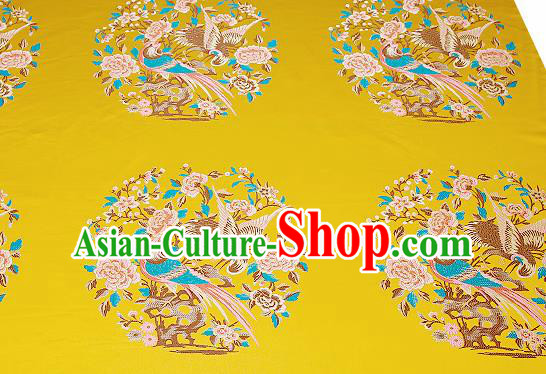 Chinese Traditional Yellow Brocade Fabric Asian Birds Peony Pattern Design Satin Cushion Silk Fabric Material