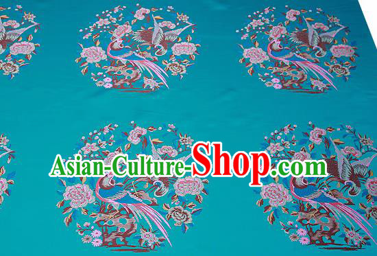 Chinese Traditional Blue Brocade Fabric Asian Birds Peony Pattern Design Satin Cushion Silk Fabric Material