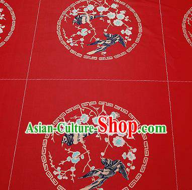 Chinese Traditional Red Brocade Fabric Asian Embroidery Plum Blossom Birds Pattern Design Satin Cushion Silk Fabric Material