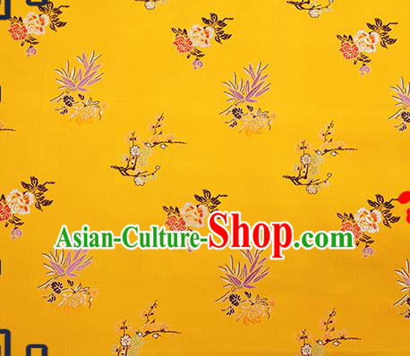 Chinese Traditional Yellow Brocade Fabric Classical Plum Blossom Orchid Bamboo Chrysanthemum Pattern Design Satin Tang Suit Silk Fabric Material