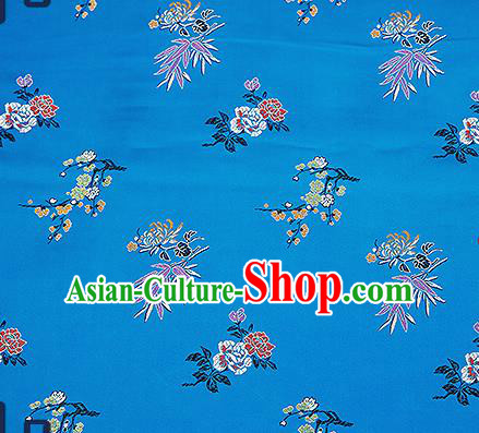 Chinese Traditional Blue Brocade Fabric Classical Plum Blossom Orchid Bamboo Chrysanthemum Pattern Design Satin Tang Suit Silk Fabric Material