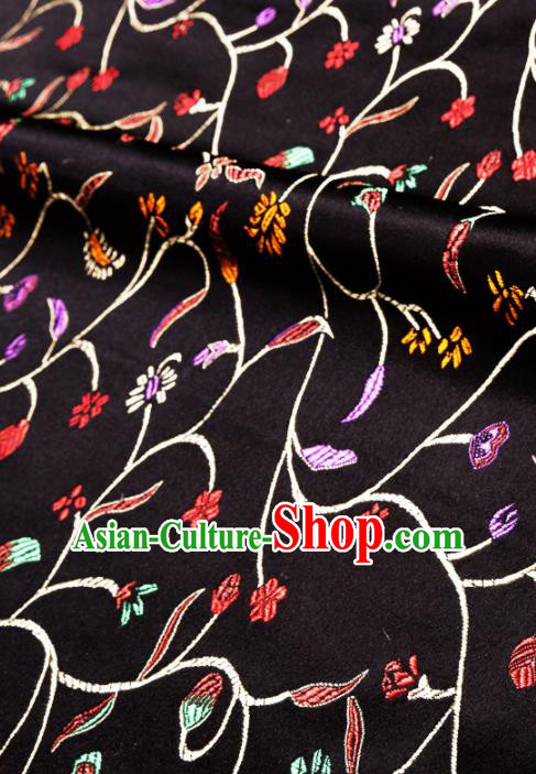Asian Chinese Traditional Fabric Black Brocade Silk Material Classical Chili Flowers Pattern Design Satin Drapery