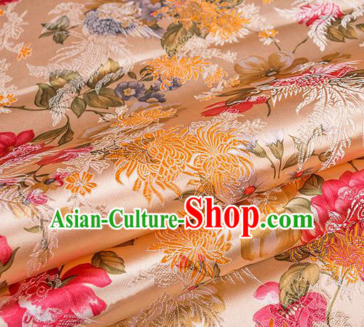 Traditional Chinese Classical Light Golden Satin Brocade Drapery Chrysanthemum Peony Pattern Design Qipao Dress Silk Fabric Material
