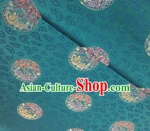 Traditional Chinese Tang Suit Silk Fabric Blue Brocade Material Classical Round Dragons Pattern Design Satin Drapery