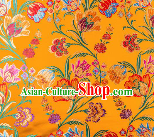 Asian Chinese Traditional Fabric Yellow Brocade Silk Material Classical Tulipa Pattern Design Satin Drapery