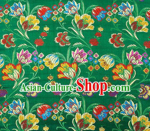 Asian Chinese Traditional Fabric Green Brocade Silk Material Classical Tulipa Pattern Design Satin Drapery
