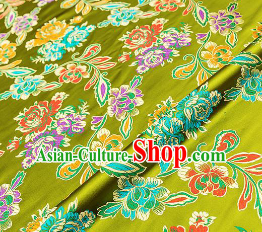 Traditional Chinese Tang Suit Silk Fabric Olive Green Brocade Material Classical Peony Pattern Design Satin Drapery