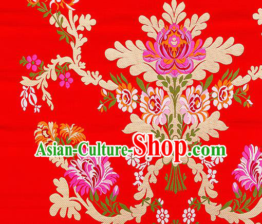 Asian Chinese Traditional Satin Fabric Tang Suit Red Brocade Silk Material Classical Peony Pattern Design Drapery