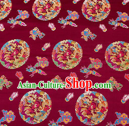 Asian Chinese Traditional Satin Fabric Tang Suit Wine Red Brocade Silk Material Classical Clouds Dragons Pattern Design Drapery