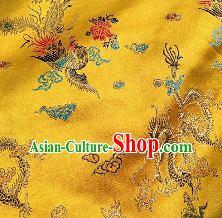 Asian Chinese Traditional Fabric Yellow Satin Brocade Silk Material Classical Dragon Phoenix Pattern Design Satin Drapery