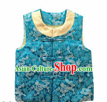 Chinese Classical Blue Brocade Vest Traditional Baby Embroidered Cotton-Padded Waistcoat for Kids
