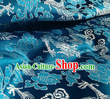 Asian Chinese Traditional Fabric Blue Satin Brocade Silk Material Classical Dragons Pattern Design Satin Drapery