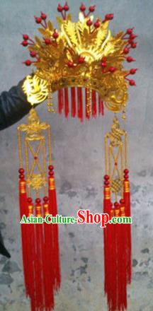 Chinese Traditional Peking Opera Queen Hair Accessories Ancient Bride Red Tassel Phoenix Coronet Headwear for Women