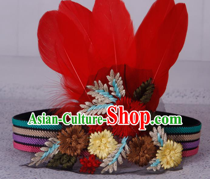 Halloween Catwalks Apache Knight Red Feather Hair Accessories Cosplay Primitive Tribe Feather Hat for Adults