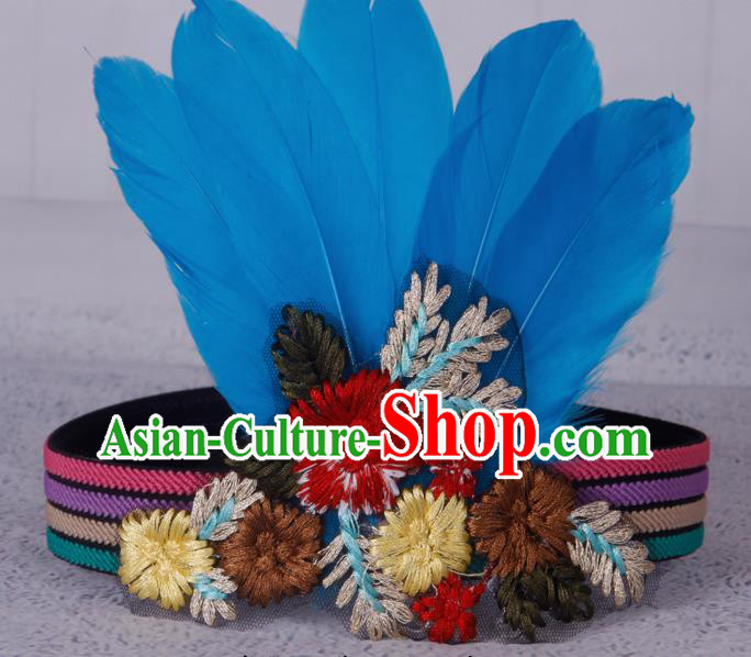 Halloween Catwalks Apache Knight Blue Feather Hair Accessories Cosplay Primitive Tribe Feather Hat for Adults