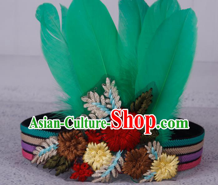 Halloween Catwalks Apache Knight Green Feather Hair Accessories Cosplay Primitive Tribe Feather Hat for Adults
