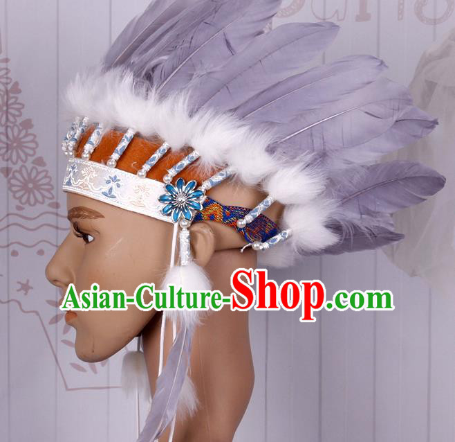 Halloween Catwalks Apache Chief Grey Feather Headdress Cosplay Thanksgiving Day Primitive Tribe Feather Hat for Adults