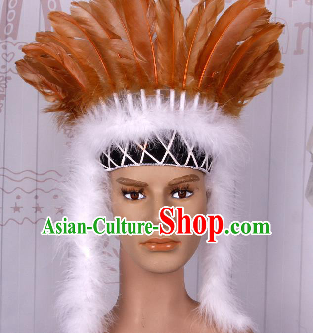 Halloween Catwalks Apache Chief Orange Feather Headdress Cosplay Thanksgiving Day Primitive Tribe Feather Hat for Adults