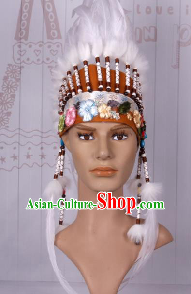 Halloween Catwalks Apache Chief Feather Headdress Cosplay Thanksgiving Day Primitive Tribe Feather Hat for Adults
