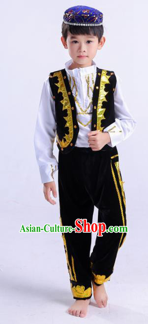 Chinese Traditional Uigurian Ethnic Costumes Uyghur Nationality Boy Folk Dance Black Clothing for Kids