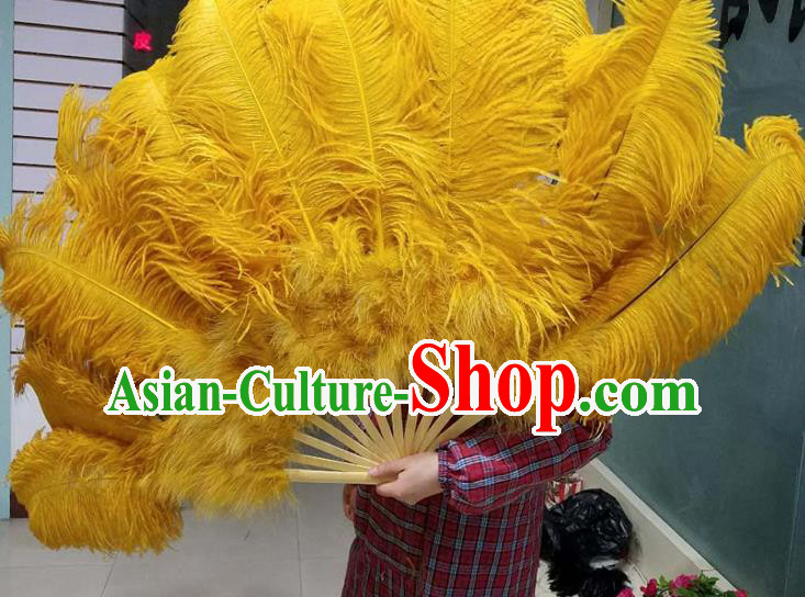 Top Grade Yellow Feather Fans Halloween Cosplay Folding Fans Belly Dance Fan