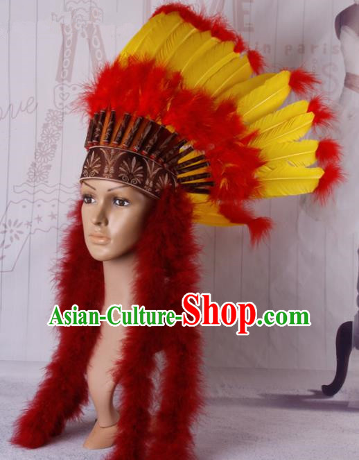 Halloween Catwalks Primitive Tribe Deluxe Feather Headdress Cosplay Apache Knight Feather Hat for Adults