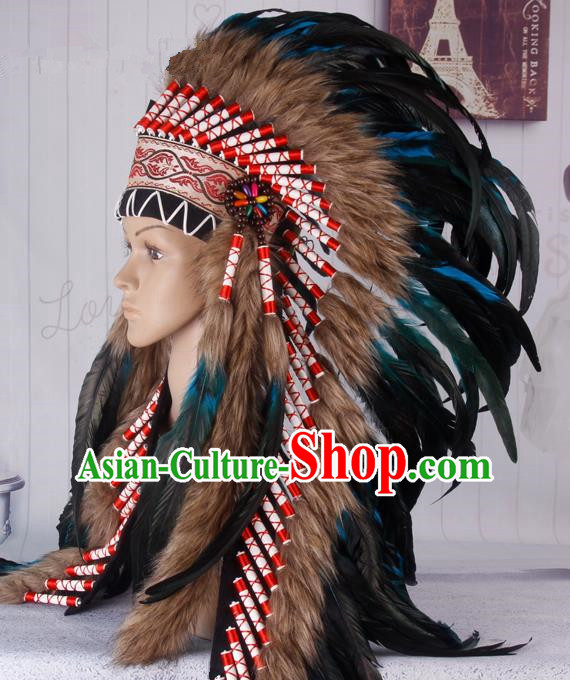 Halloween Performance Catwalks Headwear Cosplay Apache Knight Hair Accessories Deluxe Blue Feather Hat for Adults