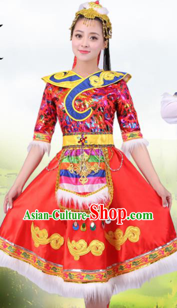 Chinese Traditional Tibetan Ethnic Costumes Zang Nationality Folk Dance Red Dress for Women