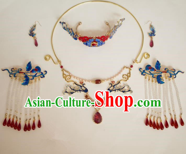Chinese Traditional Handmade Blueing Hair Accessories Ancient Hairpins Necklace Complete Set for Women