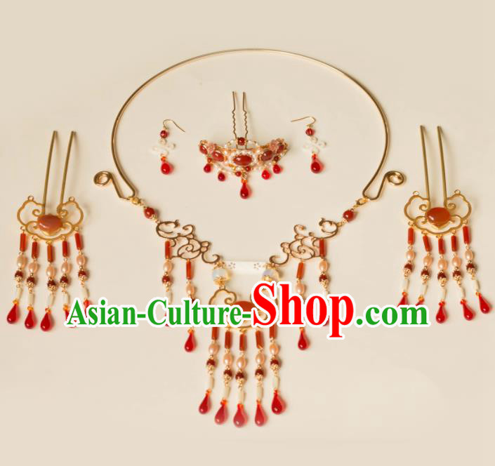 Chinese Traditional Handmade Hair Clip Agate Hair Accessories Ancient Hairpins and Necklace for Women