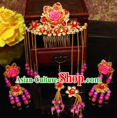 Chinese Traditional Handmade Rosy Beads Hair Accessories Ancient Bride Hairpins Complete Set for Women
