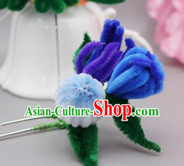Chinese Traditional Handmade Hair Accessories Ancient Qing Dynasty Velvet Flower Hairpins for Women