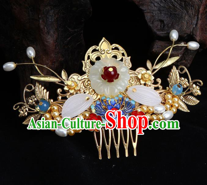 Chinese Traditional Handmade Blueing Lotus Hair Comb Hairpins Ancient Empress Headwear for Women