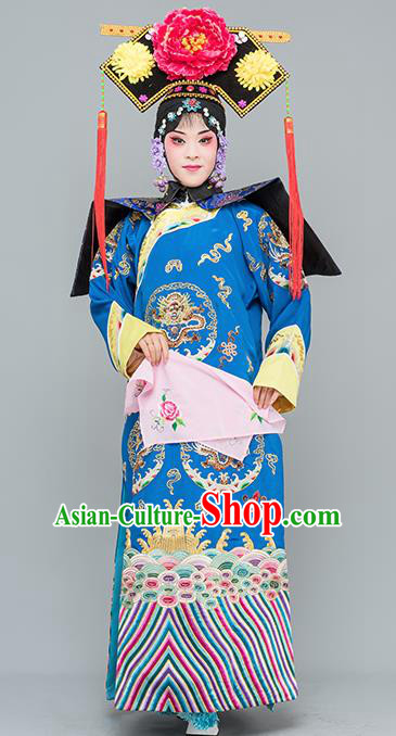 Chinese Traditional Peking Opera Diva Costumes Ancient Qing Dynasty Empress Blue Dress for Adults