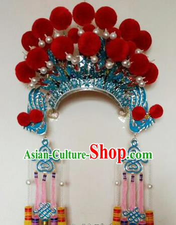 Chinese Traditional Peking Opera Blues Hat Ancient Female General Tassel Headwear for Adults