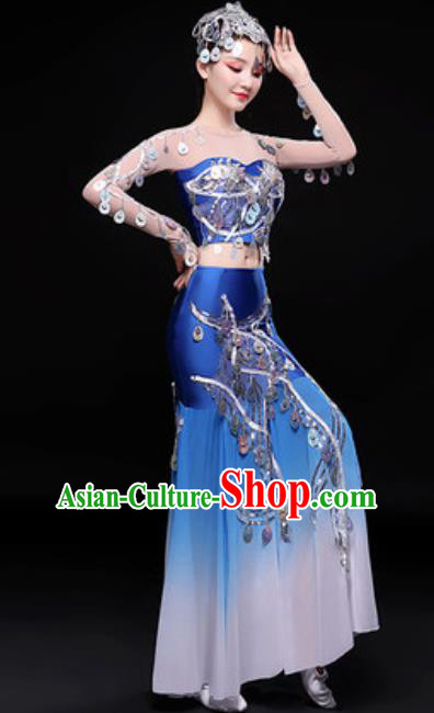 Chinese Traditional Dai Nationality Folk Dance Costumes Peacock Dance Blue Dress for Women