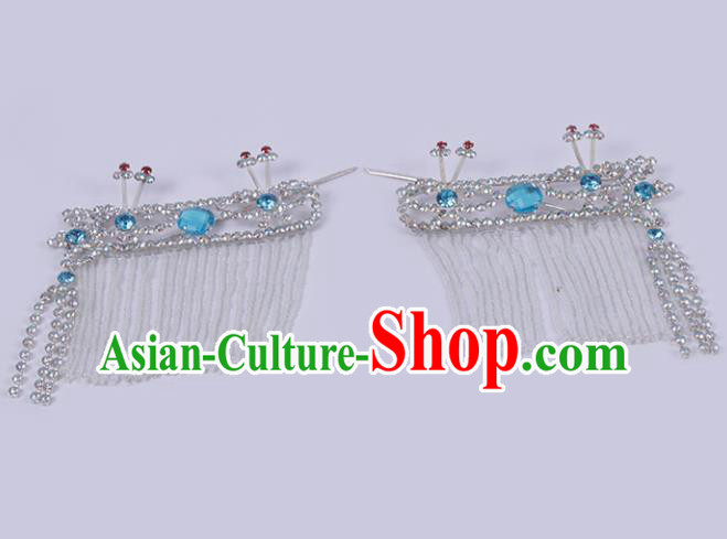 Chinese Traditional Peking Opera Princess Hair Accessories Ancient Fairy Blue Crystal Hairpins for Women