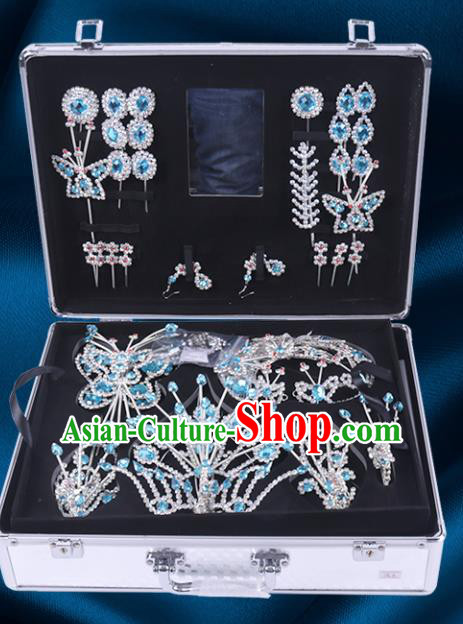 Chinese Traditional Peking Opera Princess Blue Crystal Hair Accessories Ancient Fairy Phoenix Hairpins for Women