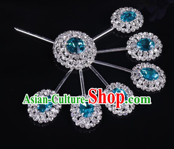 Chinese Traditional Peking Opera Diva Hair Accessories Blue Crystal Hairpins for Women