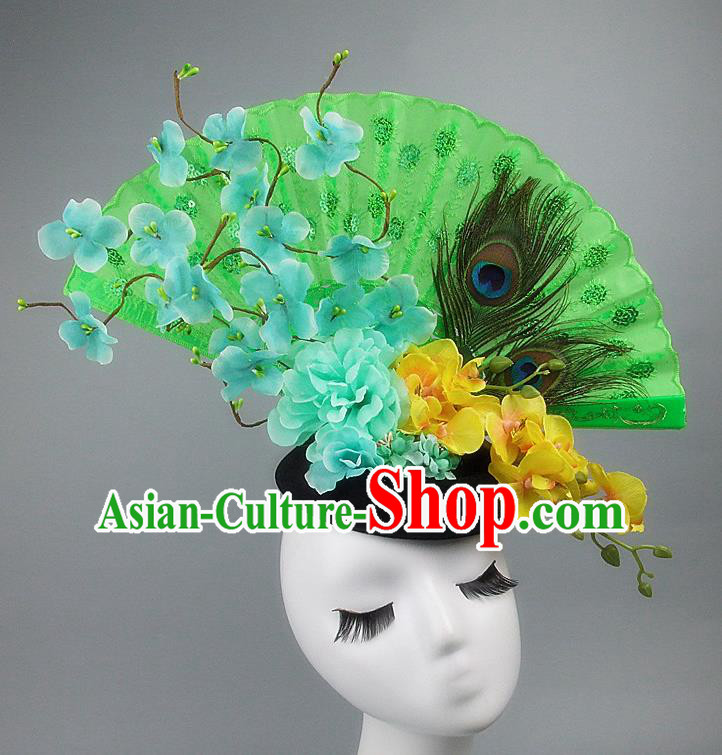 Handmade Halloween Cosplay Hair Accessories Chinese Stage Performance Green Flowers Hair Clasp Headwear for Women