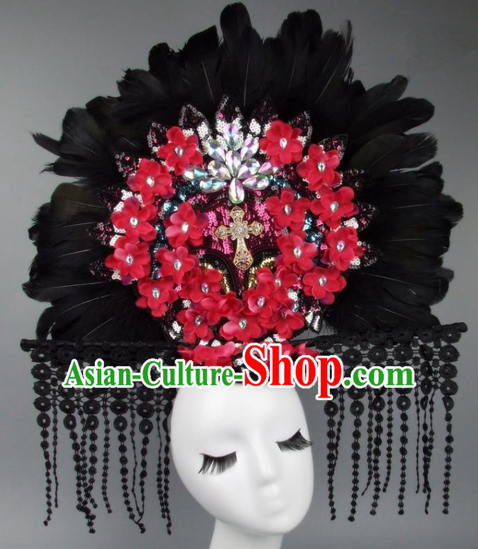 Handmade Halloween Cosplay Red Flowers Feather Hair Accessories Chinese Stage Performance Hair Clasp Headdress for Women