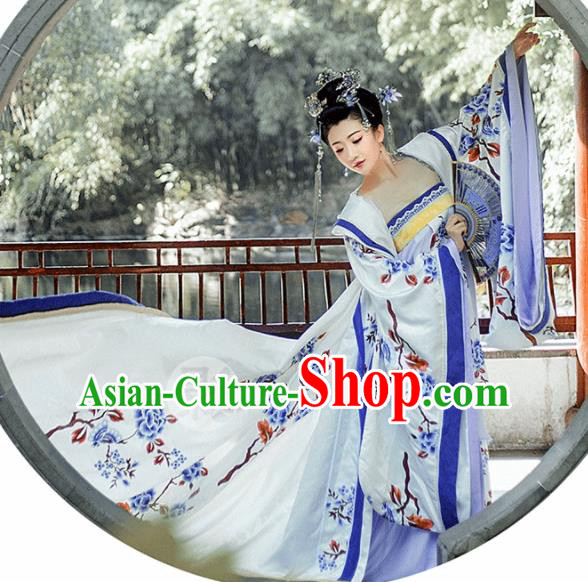 Chinese Traditional Palace Hanfu Dress Ancient Tang Dynasty Imperial Consort Embroidered Costumes and Headpiece for Women