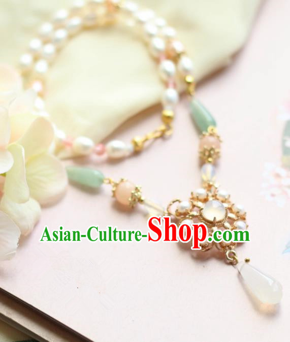 Traditional Chinese Handmade Pearls Necklace Ancient Jade Necklet Accessories for Women