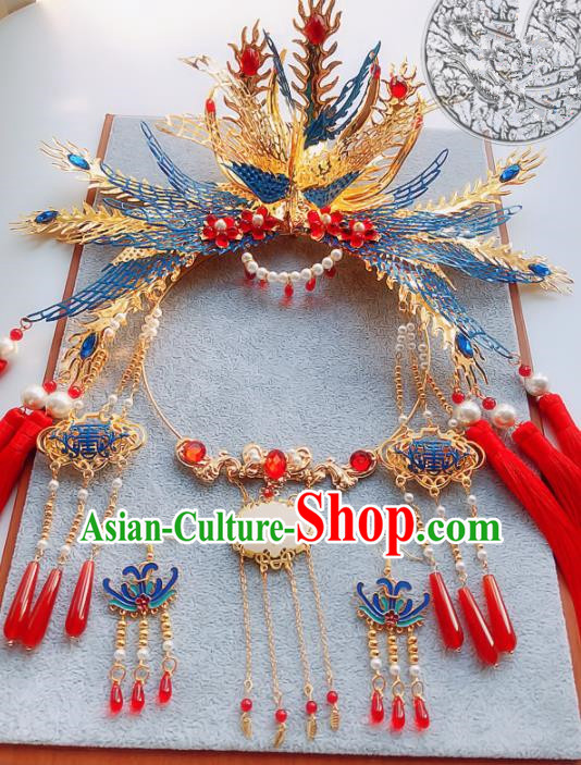 Handmade Chinese Ancient Phoenix Coronet Hair Accessories Hanfu Hairpins and Necklace for Women