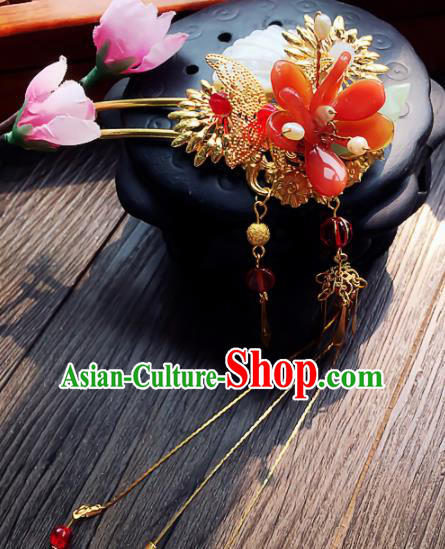 Chinese Handmade Ancient Red Flower Hair Clip Palace Hair Accessories Hanfu Hairpins for Women