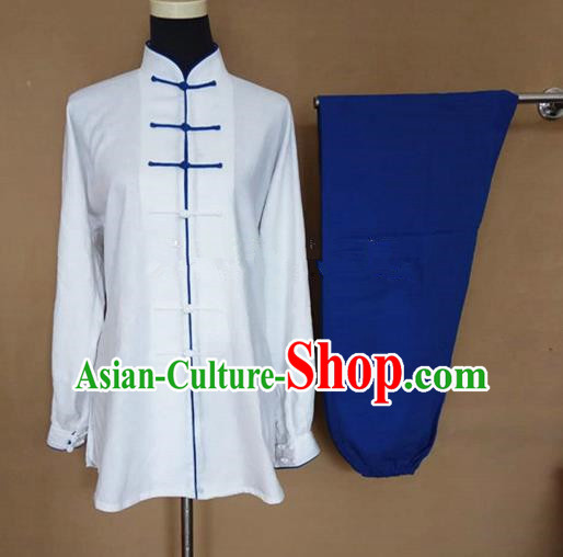Chinese Traditional Martial Arts Linen Costumes Tai Chi Tai Ji Training White Shirt and Blue Pants for Adults