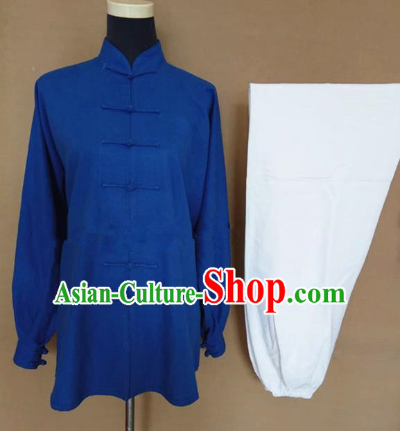 Chinese Traditional Martial Arts Linen Costumes Tai Chi Tai Ji Training Blue Shirt and White Pants for Adults