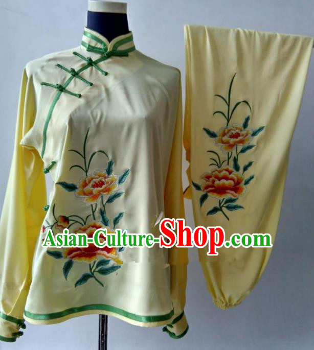 Chinese Traditional Kung Fu Martial Arts Embroidered Peony Yellow Costumes Tai Chi Training Clothing for Women